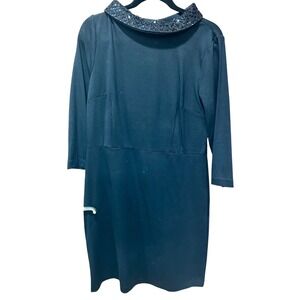 Talbots Womens Black Sequin Collar Sheath Dress 3/4 Sleeve Size 10 Holiday Party